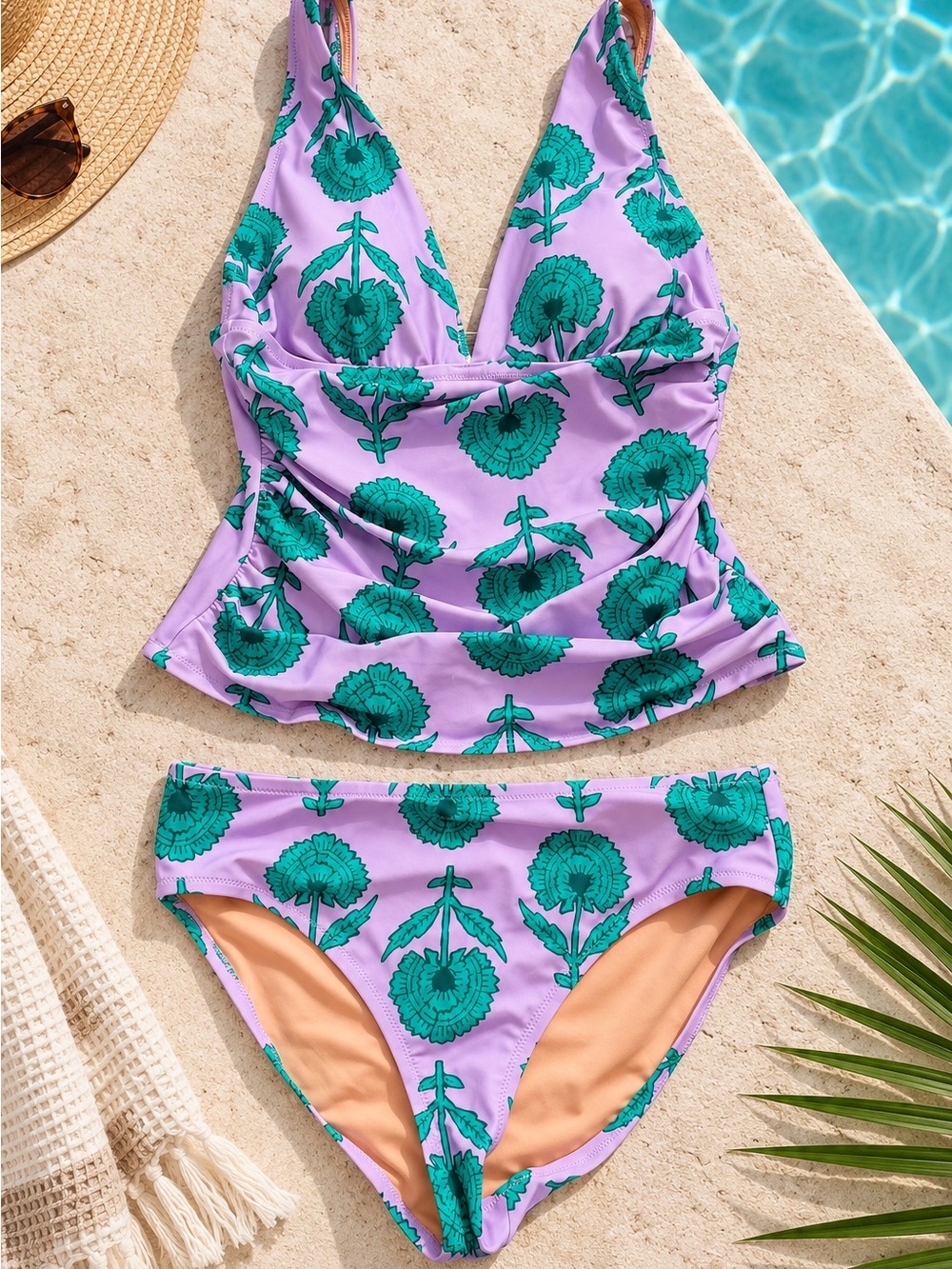 J.Crew Women’s M Lilac Green Floral Tankini Swimsuit 2 Piece Ruched Swim Set